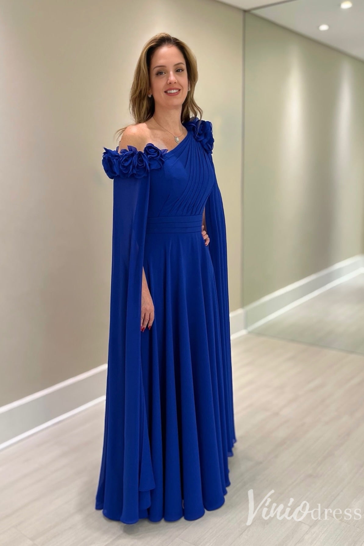 Royal Blue One-Shoulder Cape Sleeve Mother of the Bride Dress with 3D Flowers – FD6134-formal dresses 2025 -Viniodress-Blue-Custom Size-