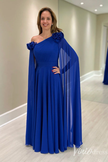 Royal Blue One-Shoulder Cape Sleeve Mother of the Bride Dress with 3D Flowers – FD6134-formal dresses 2025 -Viniodress-Blue-Custom Size-