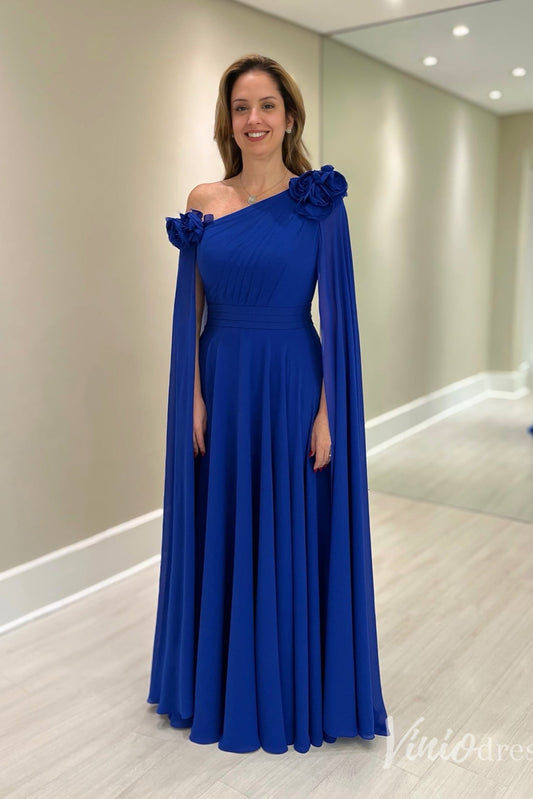 Royal Blue One-Shoulder Cape Sleeve Mother of the Bride Dress with 3D Flowers – FD6134-formal dresses 2025 -Viniodress-Blue-Custom Size-