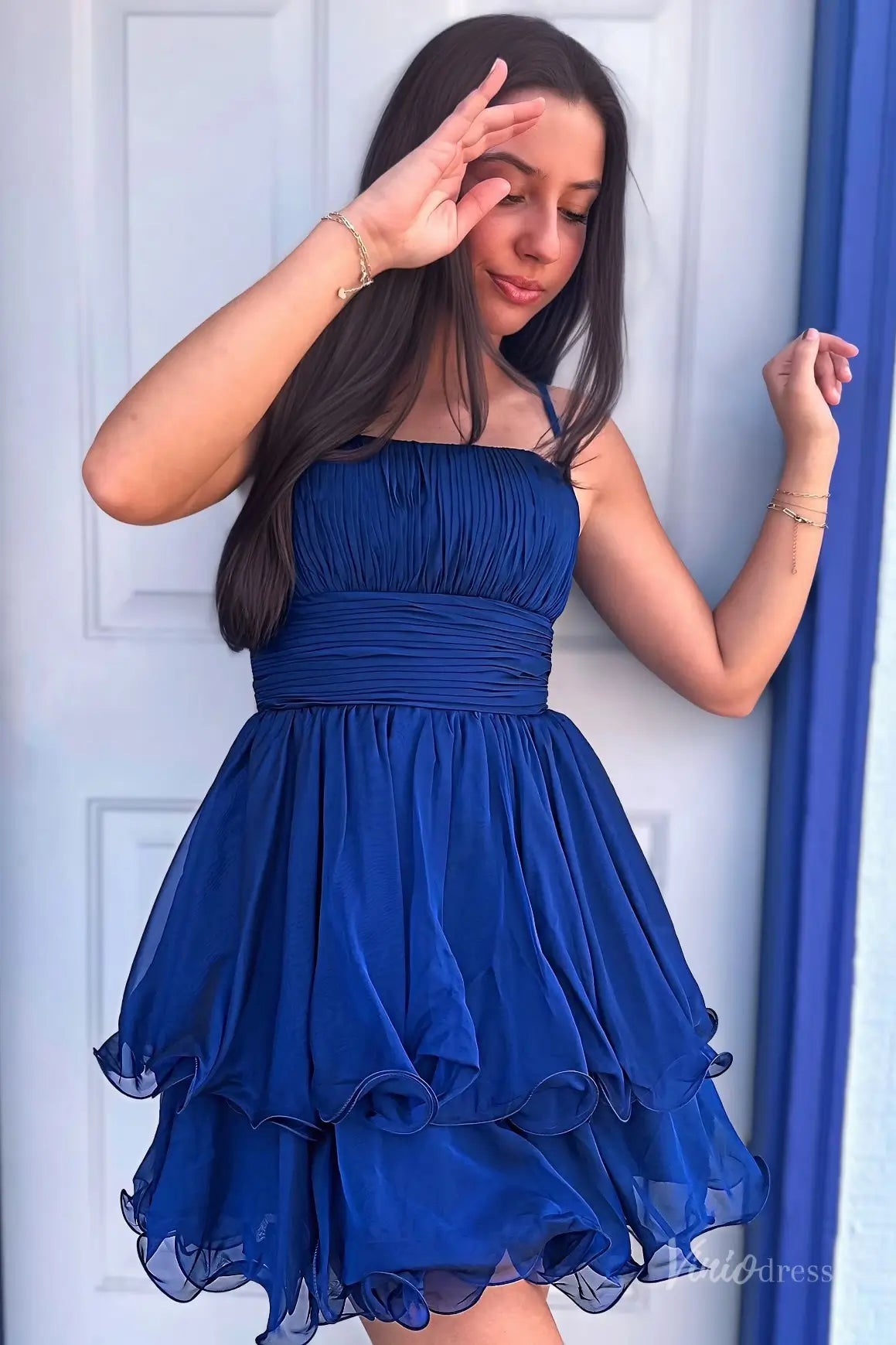 Royal Blue Organza Homecoming Dress with Ruched Bodice, Spaghetti Straps & Bubble Hem Skirt – H1160-Homecoming Dresses 2025 -Viniodress-Royal Blue-Custom Size-
