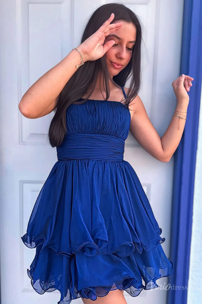 Royal Blue Organza Homecoming Dress with Ruched Bodice, Spaghetti Straps & Bubble Hem Skirt – H1160-Homecoming Dresses 2025 -Viniodress-Royal Blue-Custom Size-