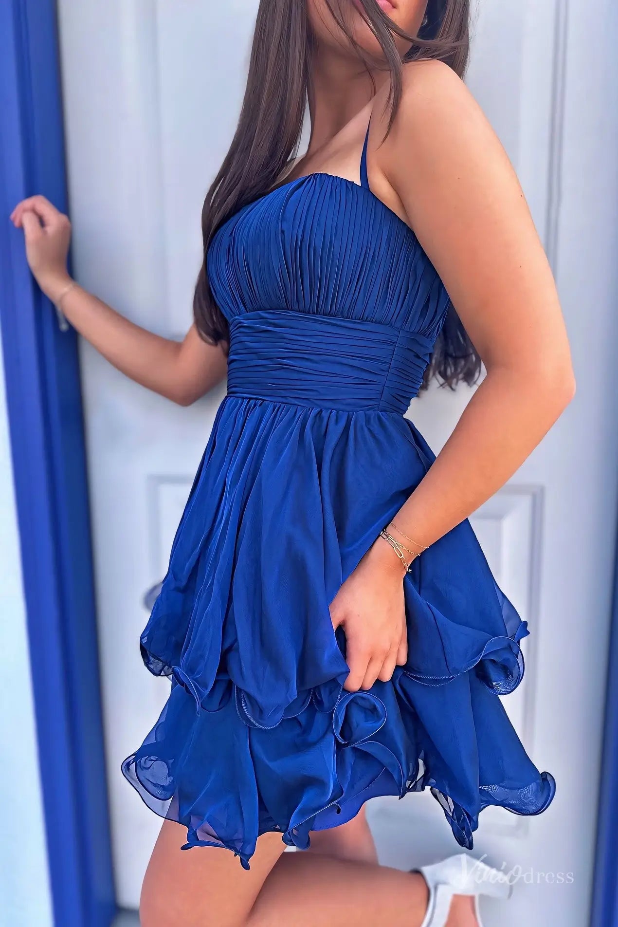 Royal Blue Organza Homecoming Dress with Ruched Bodice, Spaghetti Straps & Bubble Hem Skirt – H1160-Homecoming Dresses 2025 -Viniodress-Royal Blue-Custom Size-