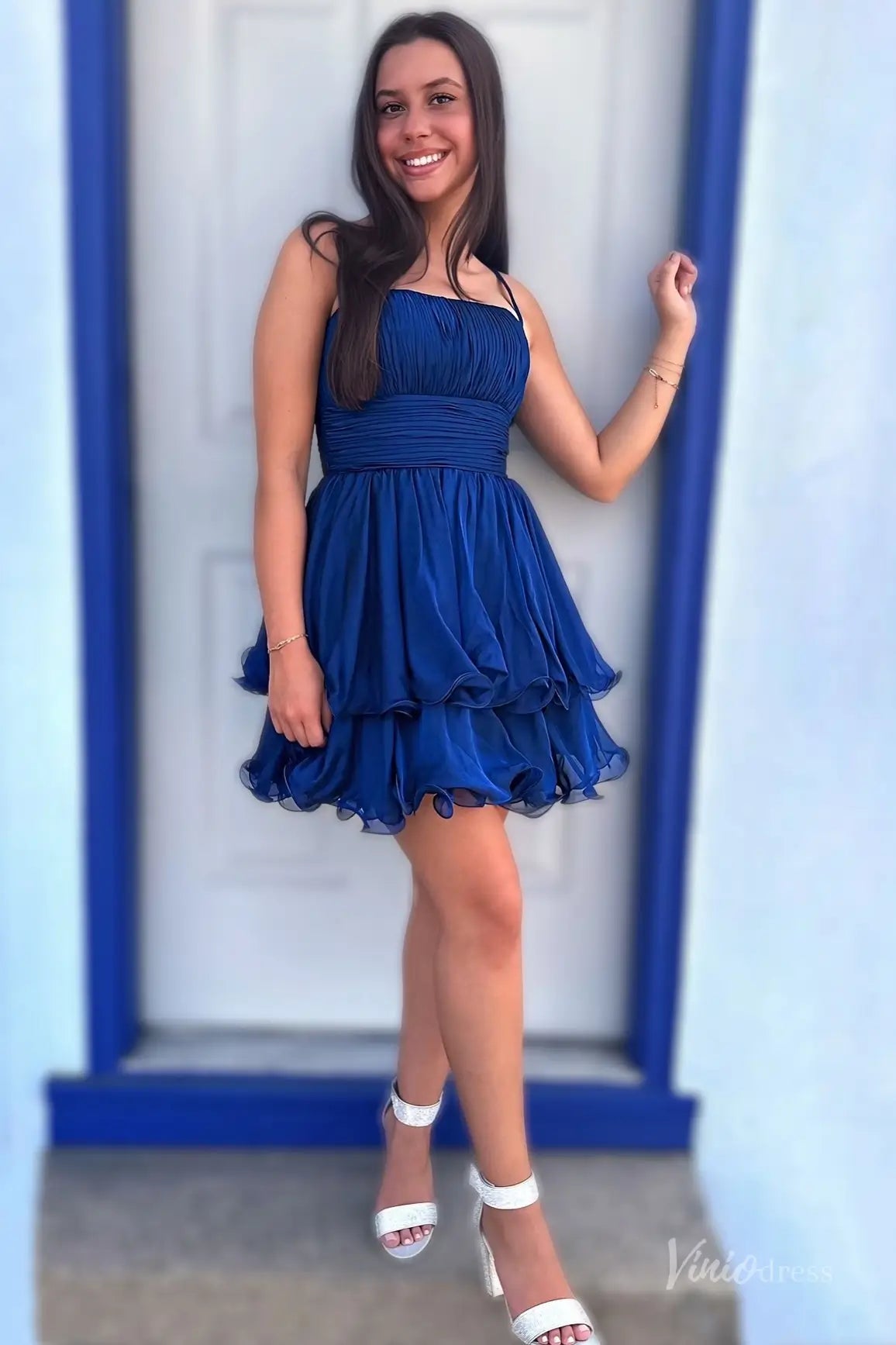 Royal Blue Organza Homecoming Dress with Ruched Bodice, Spaghetti Straps & Bubble Hem Skirt – H1160-Homecoming Dresses 2025 -Viniodress-Royal Blue-Custom Size-