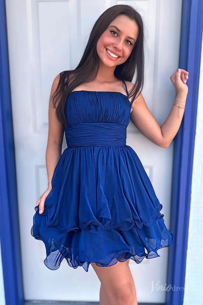 Royal Blue Organza Homecoming Dress with Ruched Bodice, Spaghetti Straps & Bubble Hem Skirt – H1160-Homecoming Dresses 2025 -Viniodress-Royal Blue-Custom Size-