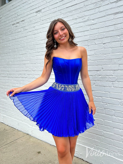Royal Blue Pleated Homecoming Dress with Strapless Corset Bodice and Rhinestone Waist – SD1704-prom dresses 2025 -Viniodress-Blue-Custom Size-