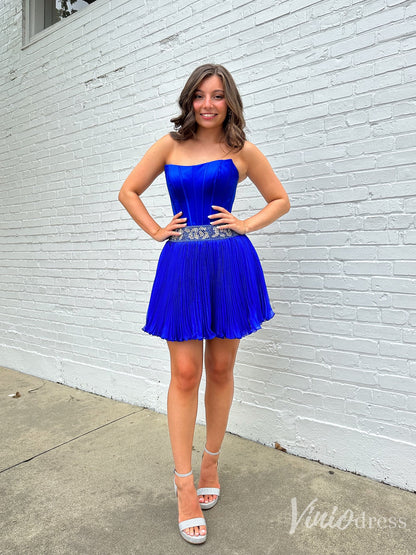 Royal Blue Pleated Homecoming Dress with Strapless Corset Bodice and Rhinestone Waist – SD1704-prom dresses 2025 -Viniodress-Blue-Custom Size-