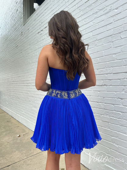 Royal Blue Pleated Homecoming Dress with Strapless Corset Bodice and Rhinestone Waist – SD1704-prom dresses 2025 -Viniodress-Blue-Custom Size-