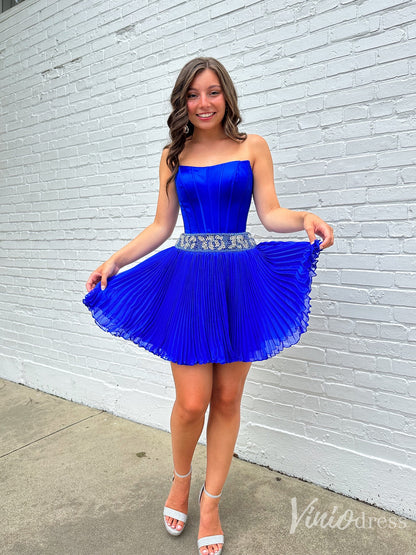 Royal Blue Pleated Homecoming Dress with Strapless Corset Bodice and Rhinestone Waist – SD1704-prom dresses 2025 -Viniodress-Blue-Custom Size-
