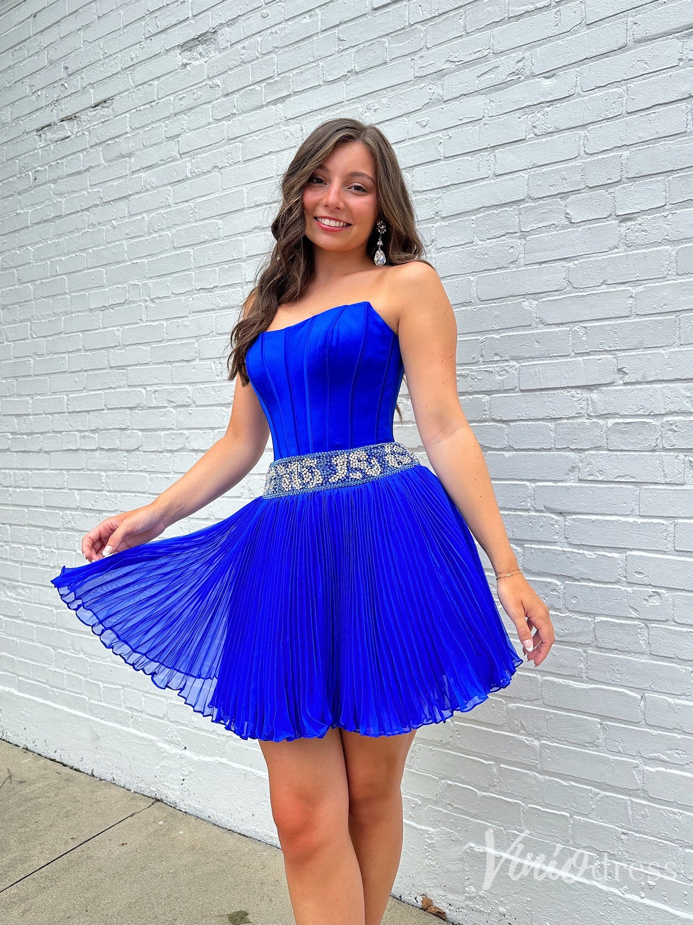 Royal Blue Pleated Homecoming Dress with Strapless Corset Bodice and Rhinestone Waist – SD1704-prom dresses 2025 -Viniodress-Blue-Custom Size-