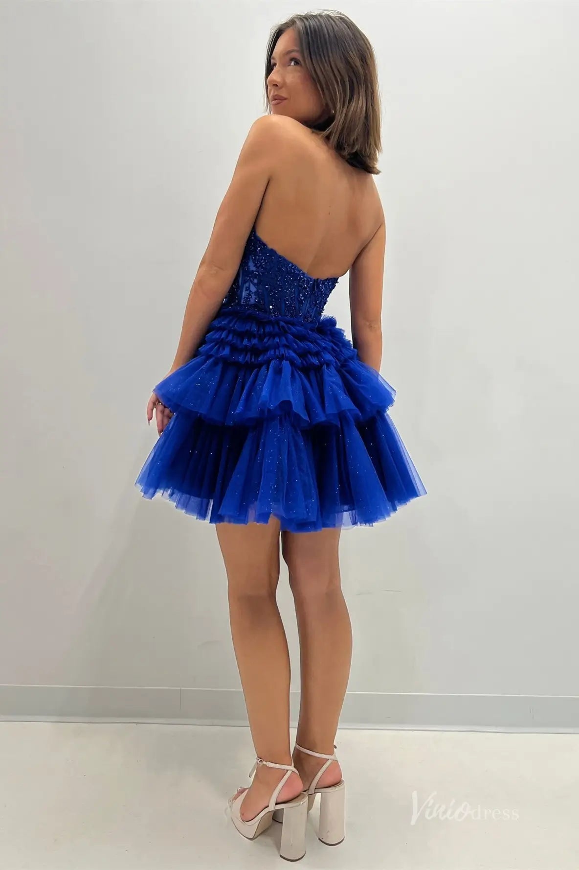 Royal Blue Plunging Halter Homecoming Dress with Tiered Glitter Tulle Skirt and Cinched Waist – H1133-Homecoming Dresses 2025 -Viniodress-Blue-Custom Size-