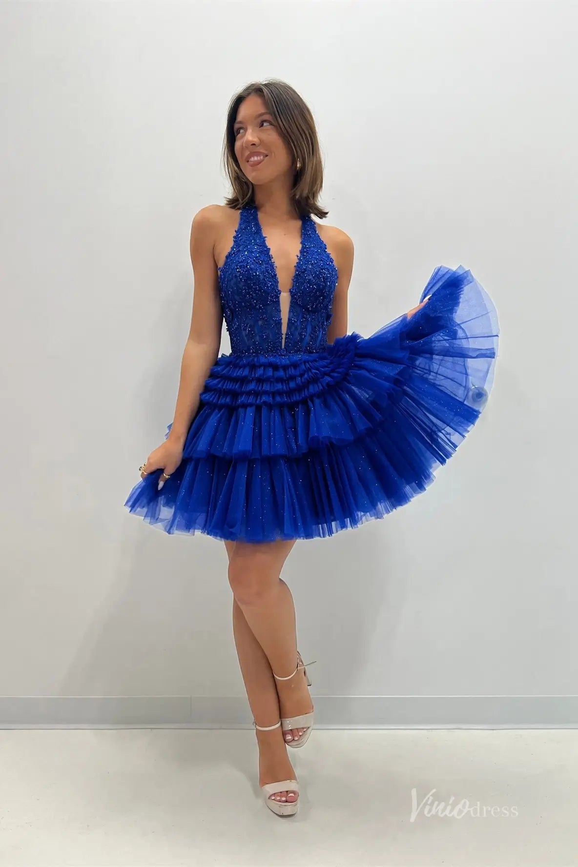 Royal Blue Plunging Halter Homecoming Dress with Tiered Glitter Tulle Skirt and Cinched Waist – H1133-Homecoming Dresses 2025 -Viniodress-Blue-Custom Size-