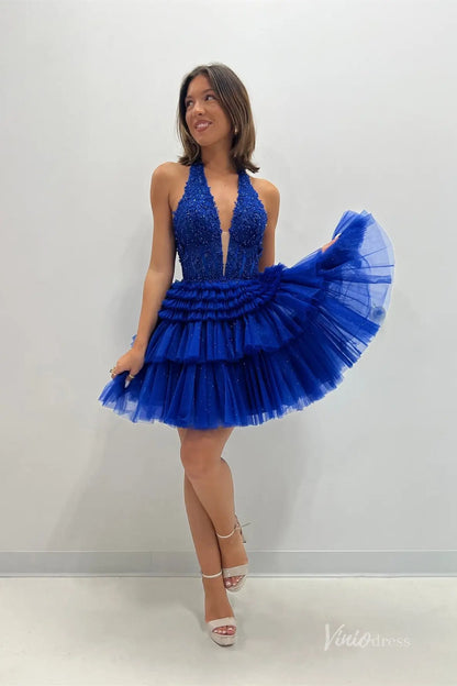 Royal Blue Plunging Halter Homecoming Dress with Tiered Glitter Tulle Skirt and Cinched Waist – H1133-Homecoming Dresses 2025 -Viniodress-Blue-Custom Size-