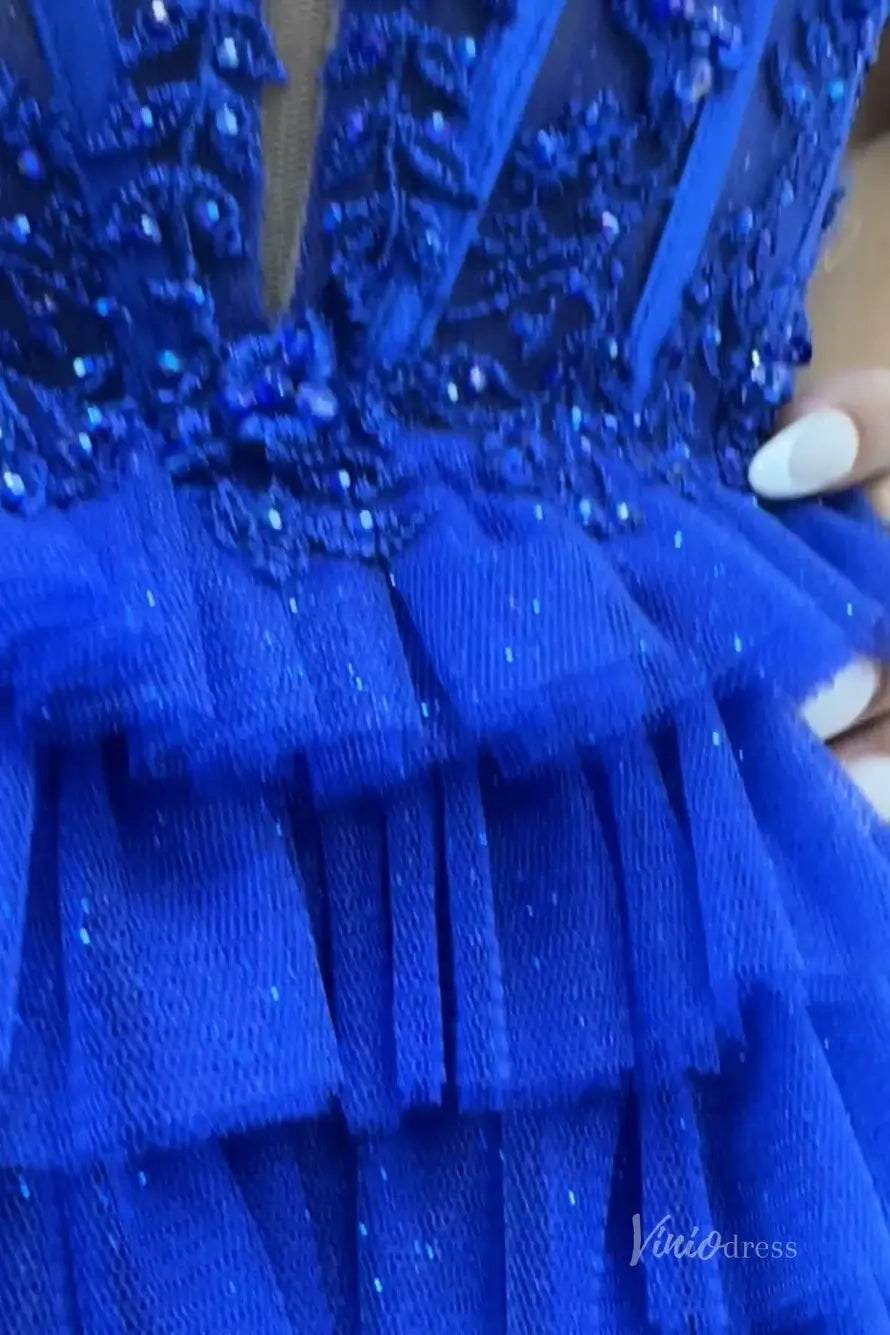 royal blue halter homecoming dress Royal Blue Plunging Halter Homecoming Dress with Tiered Glitter Tulle Skirt  – H1133 – Viniodress