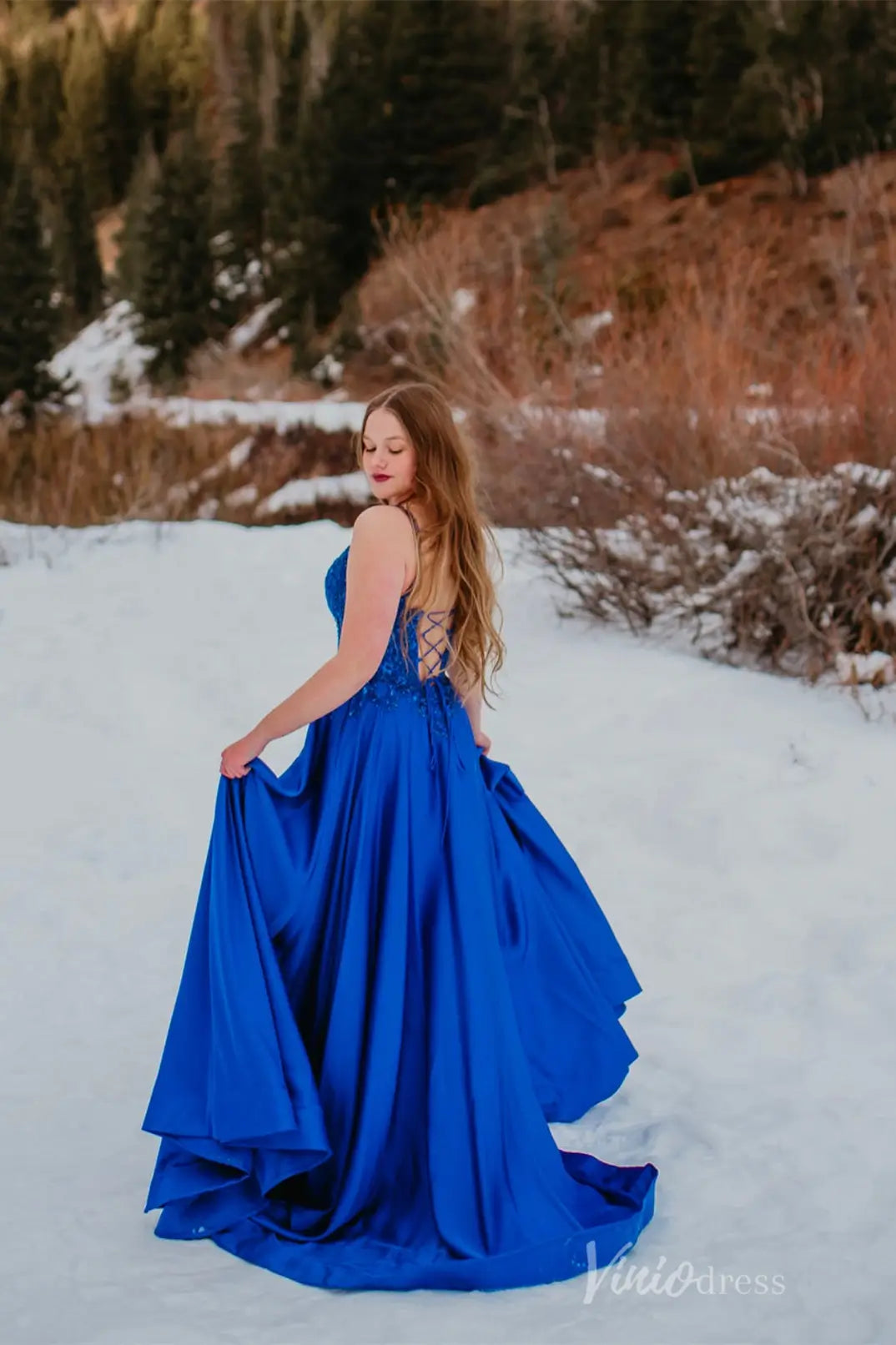 Royal Blue Prom Dress with Beaded Lace Bodice, V-Neckline, Pockets, High Slit, Lace-Up Back – AS011-prom dresses 2025 -Viniodress-Blue-Custom Size-