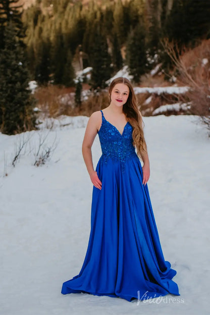 Royal Blue Prom Dress with Beaded Lace Bodice, V-Neckline, Pockets, High Slit, Lace-Up Back – AS011-prom dresses 2025 -Viniodress-Blue-Custom Size-