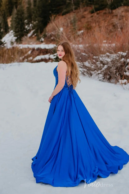 Royal Blue Prom Dress with Beaded Lace Bodice, V-Neckline, Pockets, High Slit, Lace-Up Back – AS011-prom dresses 2025 -Viniodress-Blue-Custom Size-