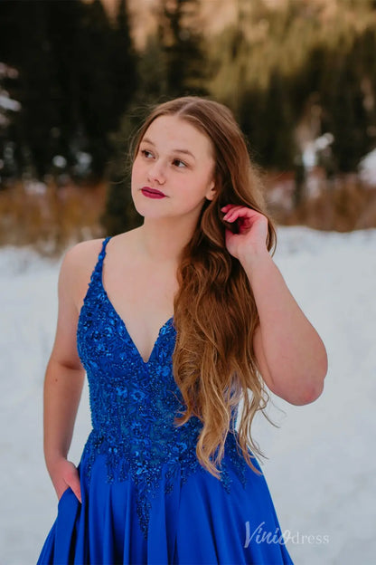 Royal Blue Prom Dress with Beaded Lace Bodice, V-Neckline, Pockets, High Slit, Lace-Up Back – AS011-prom dresses 2025 -Viniodress-Blue-Custom Size-