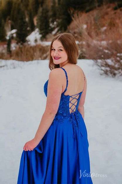 Royal Blue Prom Dress with Beaded Lace Bodice, V-Neckline, Pockets, High Slit, Lace-Up Back – AS011-prom dresses 2025 -Viniodress-Blue-Custom Size-