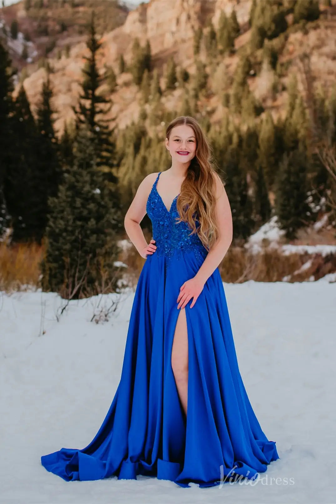 Royal Blue Prom Dress with Beaded Lace Bodice, V-Neckline, Pockets, High Slit, Lace-Up Back – AS011-prom dresses 2025 -Viniodress-Blue-Custom Size-