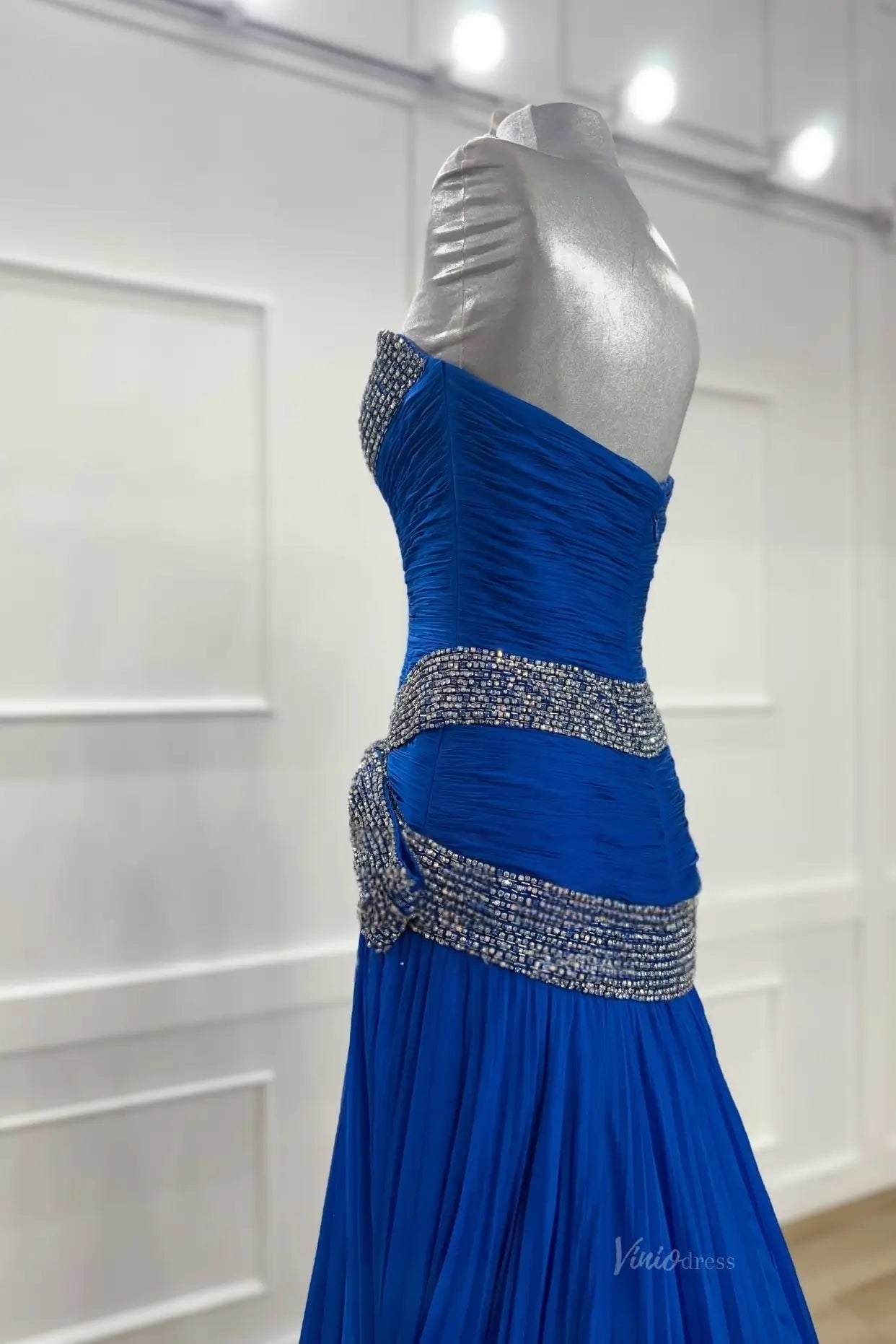 Royal Blue Ruched Chiffon Pageant Gown with Crystal Bow PG023 Viniodress Royal Blue Ruched Chiffon Pageant Gown with Crystal Bow PG023 Viniodress