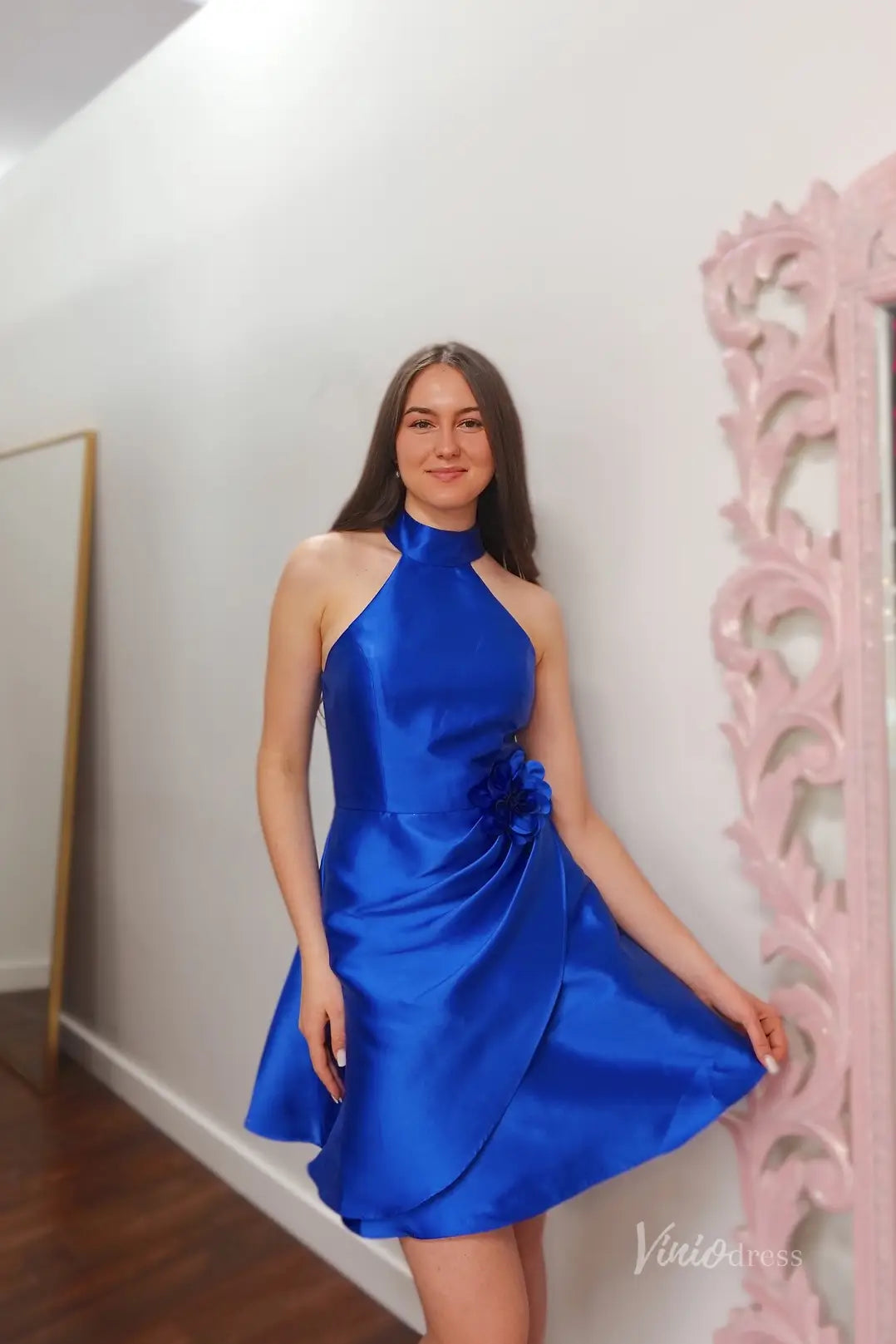 Royal Blue Satin Homecoming Dress with Halter Neckline and 3D Floral Appliqué Waist – H1120-Homecoming Dresses 2025 -Viniodress-Blue-Custom Size-