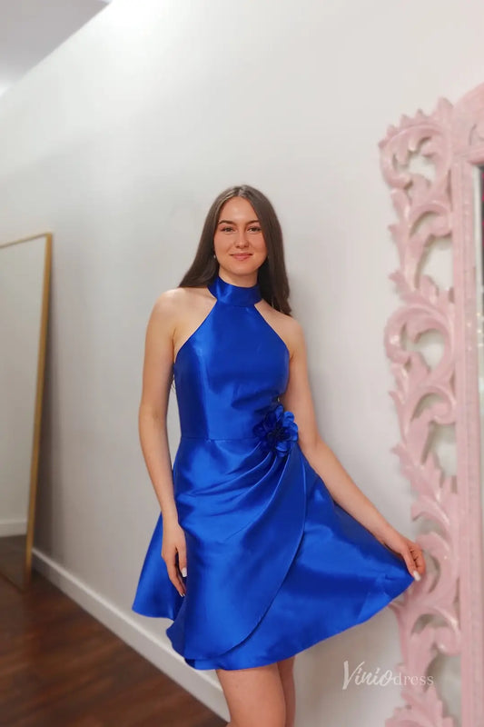 Royal Blue Satin Homecoming Dress with Halter Neckline and 3D Floral Appliqué Waist – H1120-Homecoming Dresses 2025 -Viniodress-Blue-Custom Size-