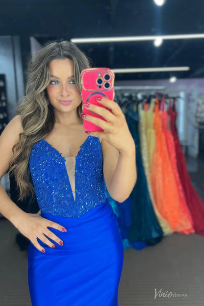 Royal Blue Satin Mermaid Prom Dress with Beaded Lace Corset Bodice & Lace-Up Back – SS289-prom dresses 2026-Viniodress-Blue-Custom Size-