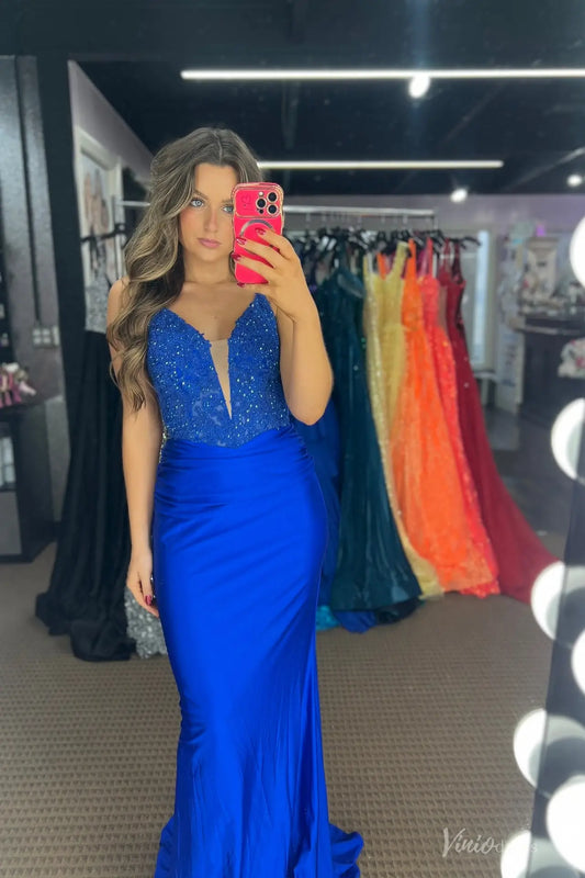 Royal Blue Satin Mermaid Prom Dress with Beaded Lace Corset Bodice & Lace-Up Back – SS289-prom dresses 2026-Viniodress-Blue-Custom Size-