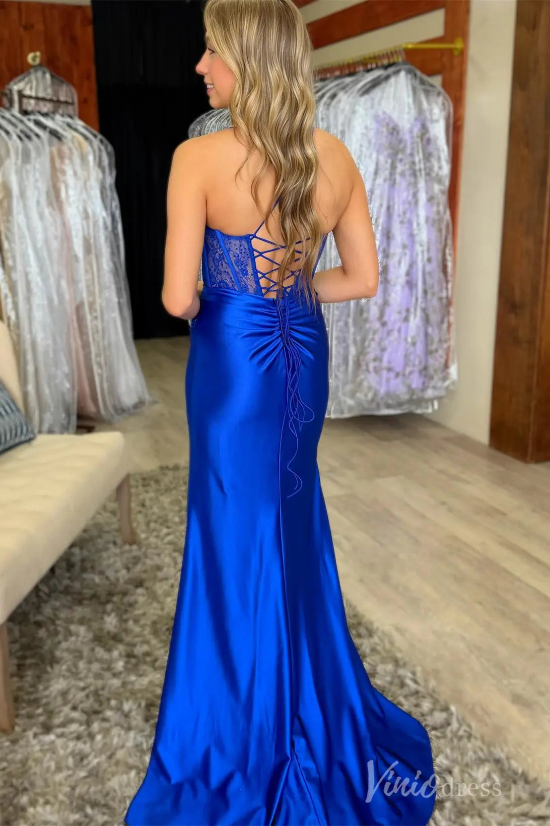 Royal Blue Satin Prom Dress with Sequin Lace Corset Bodice, Spaghetti Straps, and High Slit – SS042-prom dresses 2025 -Viniodress-Blue-Custom Size-
