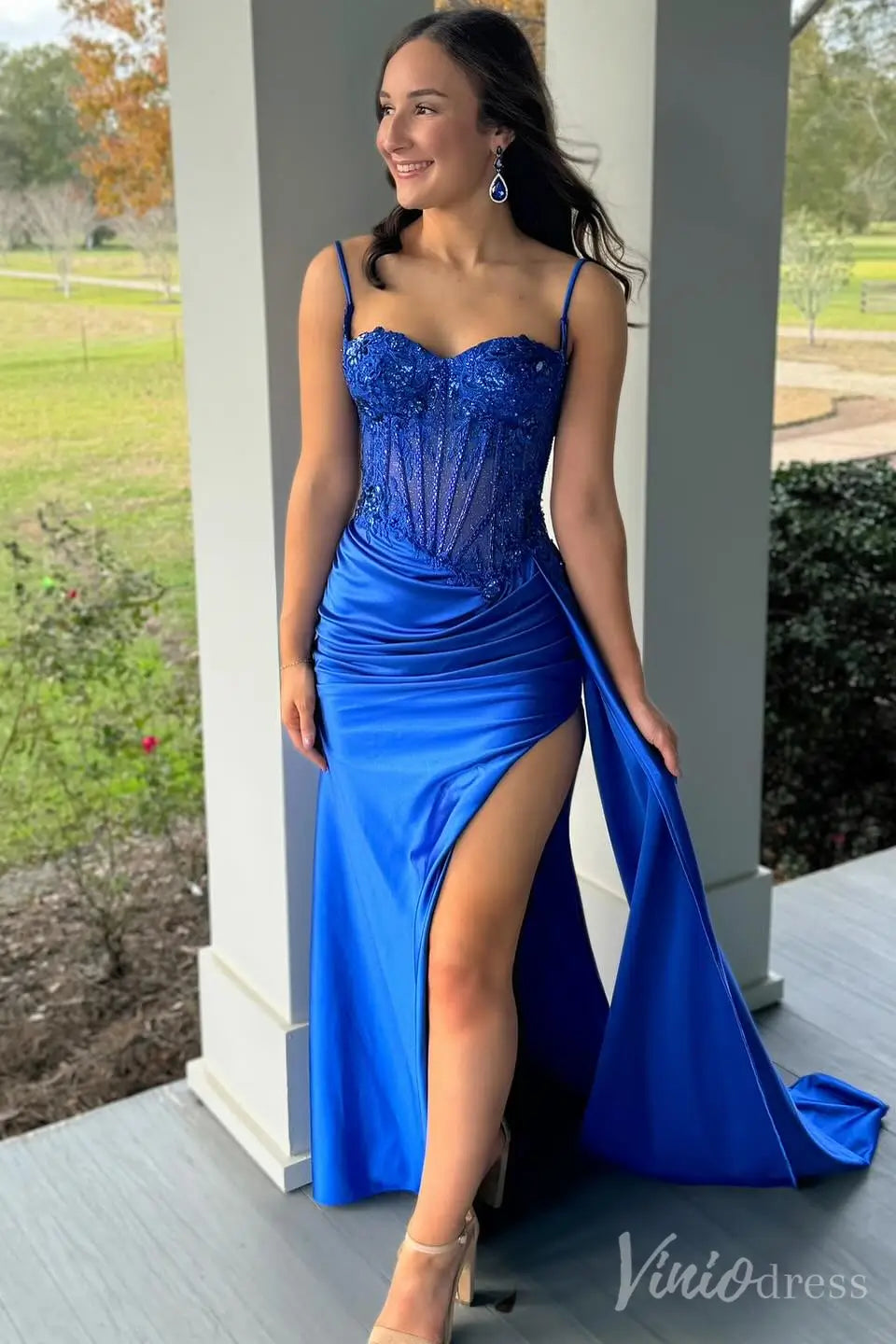 Royal Blue Satin Prom Dress with Spaghetti Straps, Beaded Sheer Corset Bodice, and High Slit – SS033-Homecoming Dresses 2025 -Viniodress-Blue-Custom Size-