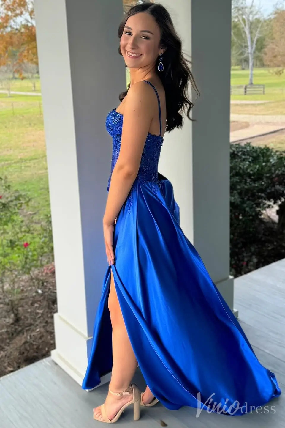 Royal Blue Satin Prom Dress with Spaghetti Straps, Beaded Sheer Corset Bodice, and High Slit – SS033-Homecoming Dresses 2025 -Viniodress-Blue-Custom Size-