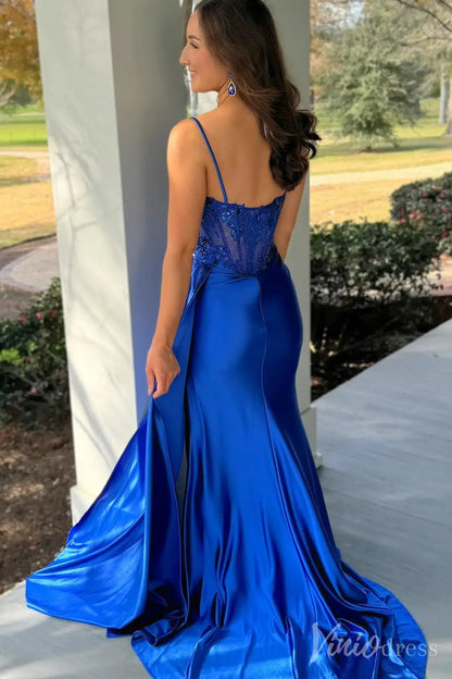 Royal Blue Satin Prom Dress with Spaghetti Straps, Beaded Sheer Corset Bodice, and High Slit – SS033-Homecoming Dresses 2025 -Viniodress-Blue-Custom Size-
