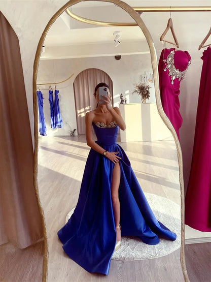 Royal Blue Satin Prom Dresses 2025 Formal Dress with Slit & Beaded Neckline FD5230-prom dresses 2025 -Viniodress-Blue-Custom Size-