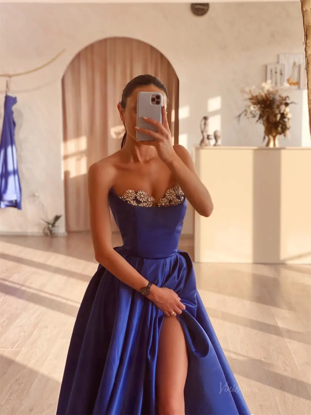Royal Blue Satin Prom Dresses 2025 Formal Dress with Slit & Beaded Neckline FD5230-prom dresses 2025 -Viniodress-Blue-Custom Size-
