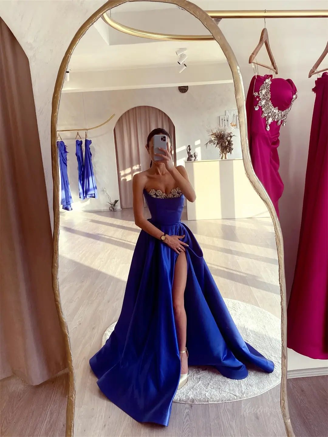 Royal Blue Satin Prom Dresses 2025 Formal Dress with Slit & Beaded Neckline FD5230-prom dresses 2025 -Viniodress-Blue-Custom Size-