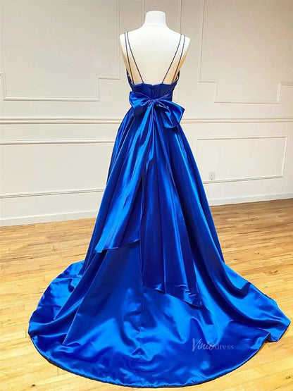 Royal Blue Satin Prom Dresses with Spaghetti Strap, Sweetheart Neckline & Bow Back - FD5282-prom dresses 2025 -Viniodress-Blue-Custom Size-
