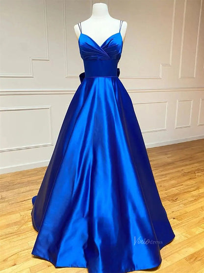 Royal Blue Satin Prom Dresses with Spaghetti Strap, Sweetheart Neckline & Bow Back - FD5282-prom dresses 2025 -Viniodress-Blue-Custom Size-