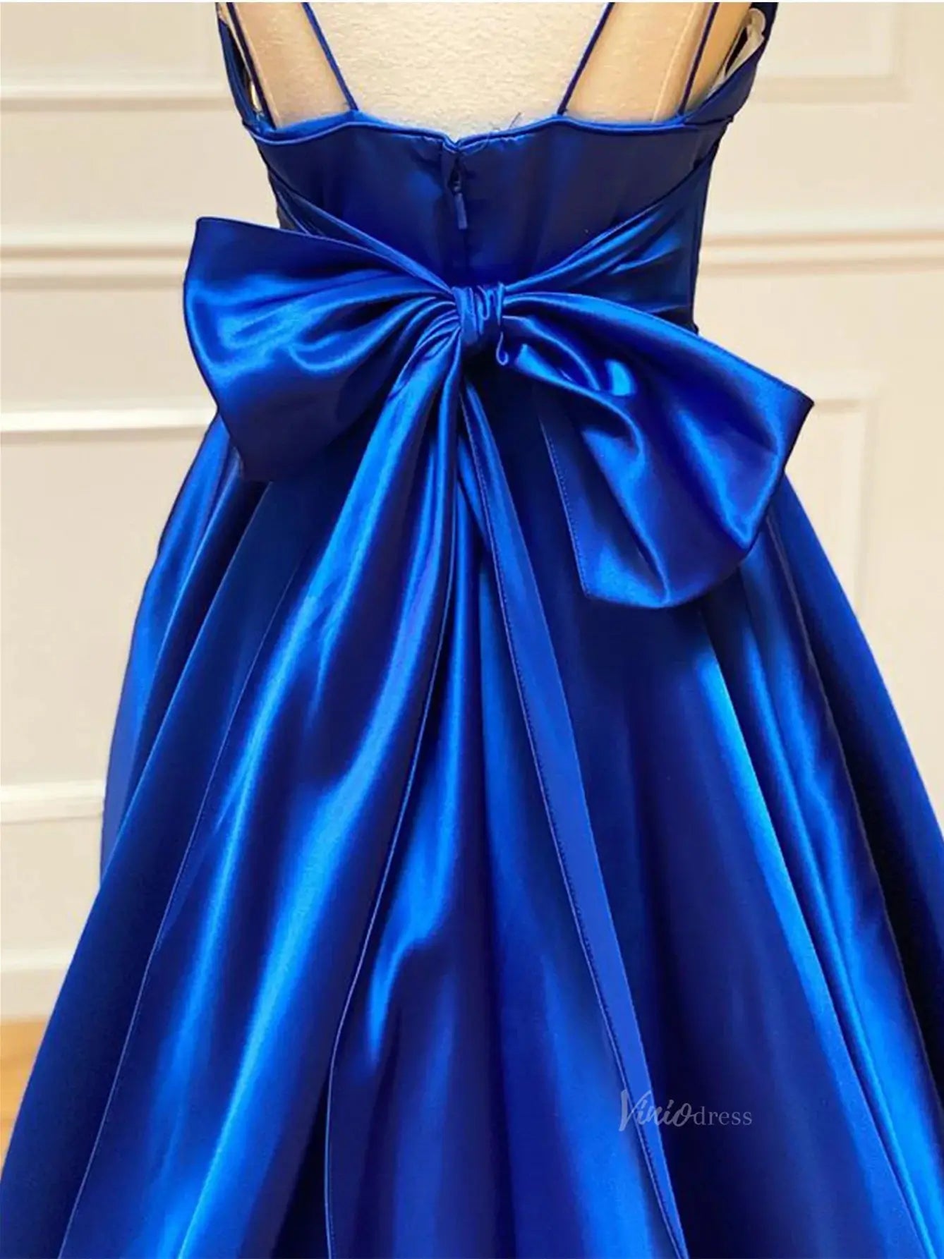 Royal Blue Satin Prom Dresses with Spaghetti Strap, Sweetheart Neckline & Bow Back - FD5282 - Viniodressprom dressesBlueCustom Size - Formal Dresses - Ball Gowns