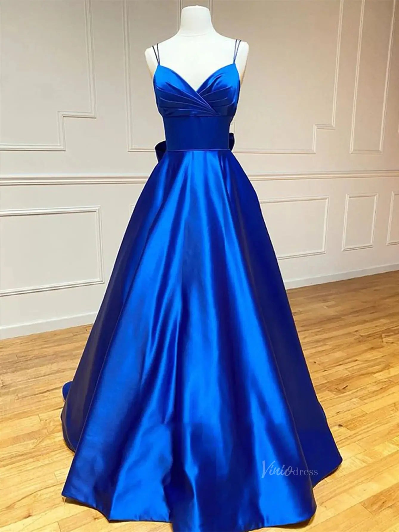 Royal Blue Satin Prom Dresses with Spaghetti Strap, Sweetheart Neckline & Bow Back - FD5282 - Viniodressprom dressesBlueCustom Size - Formal Dresses - Ball Gowns