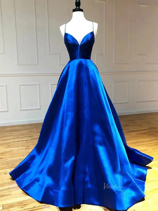 Royal Blue Satin Prom Dresses with Spaghetti Strap & Sweetheart Neckline - FD5281 - Viniodressprom dressesBlueCustom Size - Formal Dresses - Ball Gowns