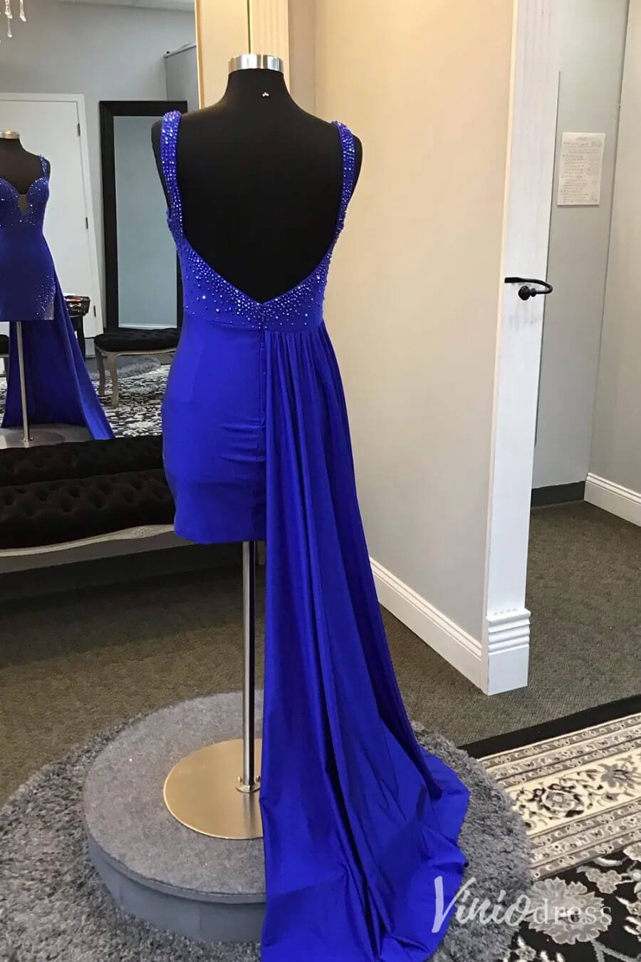 Royal Blue Satin Sweetheart Homecoming Dresses Watteau Train Bodycon Dress SD1663-Homecoming Dresses-Viniodress-Viniodress