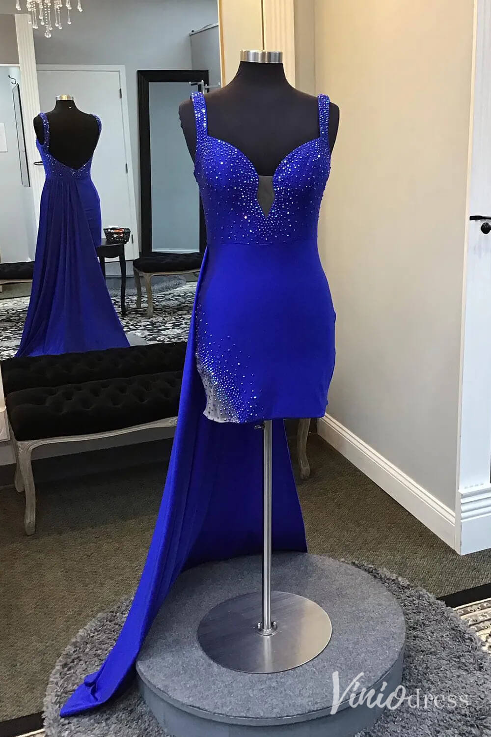 Royal Blue Satin Sweetheart Homecoming Dresses Watteau Train Bodycon Dress SD1663-Homecoming Dresses-Viniodress-Royal Blue-Custom Size-Viniodress