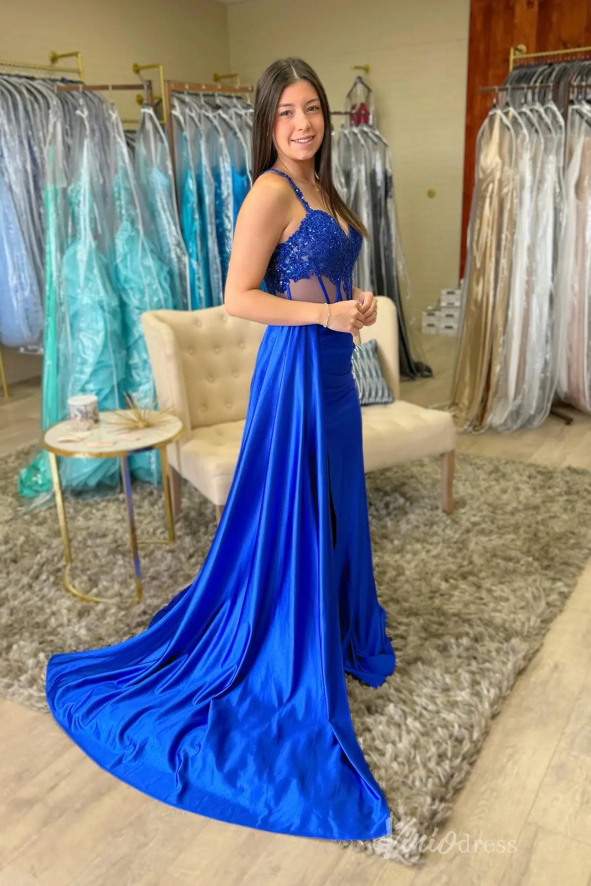 Royal Blue Sequin Lace Prom Dress with Sheer Corset Bodice, High Slit Satin Skirt, and Overskirt – SS071-prom dresses 2025 -Viniodress-Blue-Custom Size-