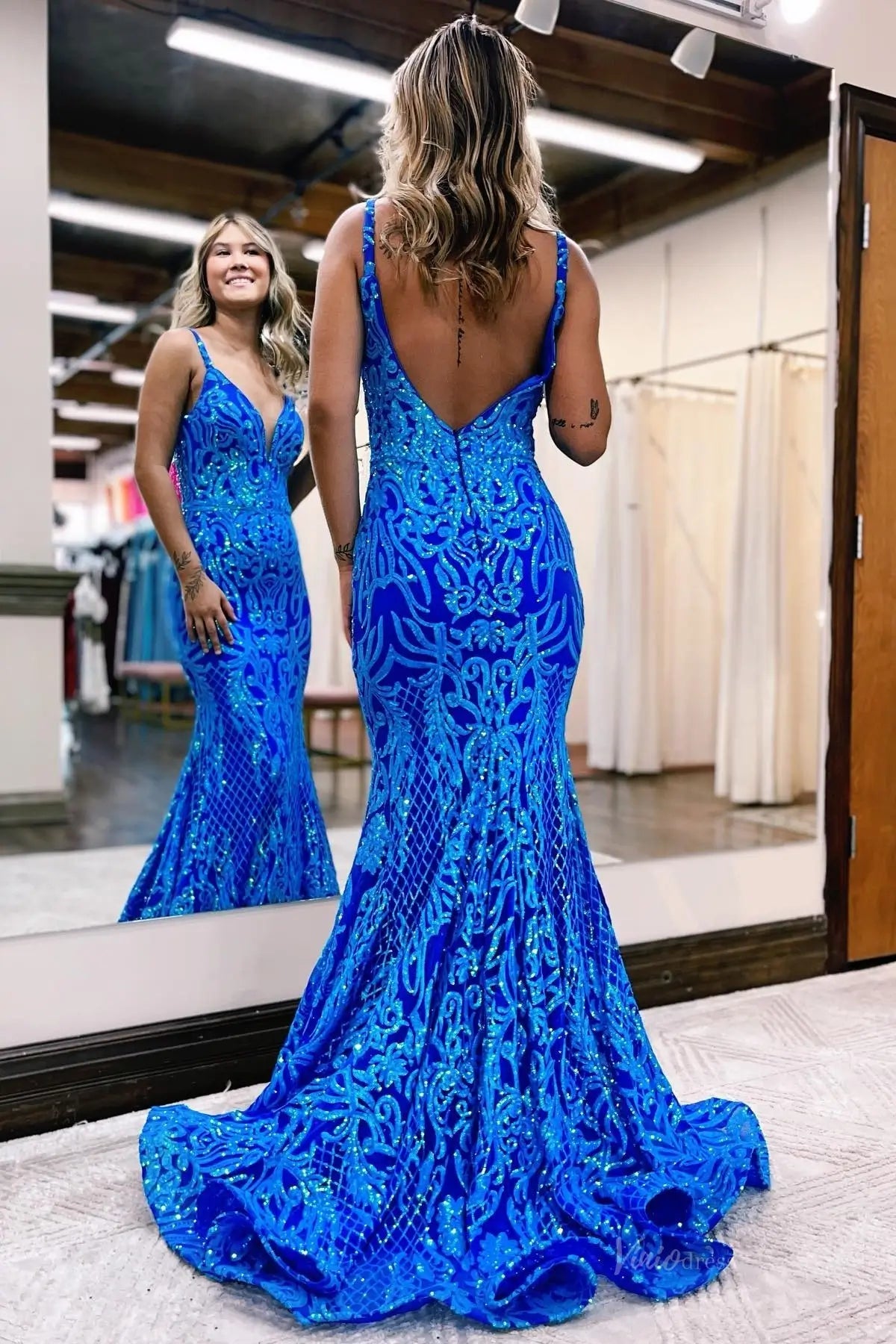 Royal Blue Sequin Mermaid Prom Dress with Plunge V & Open Back SQ038 Viniodress Royal Blue Sequin Mermaid Prom Dress with Plunge V & Open Back SQ038 Viniodress