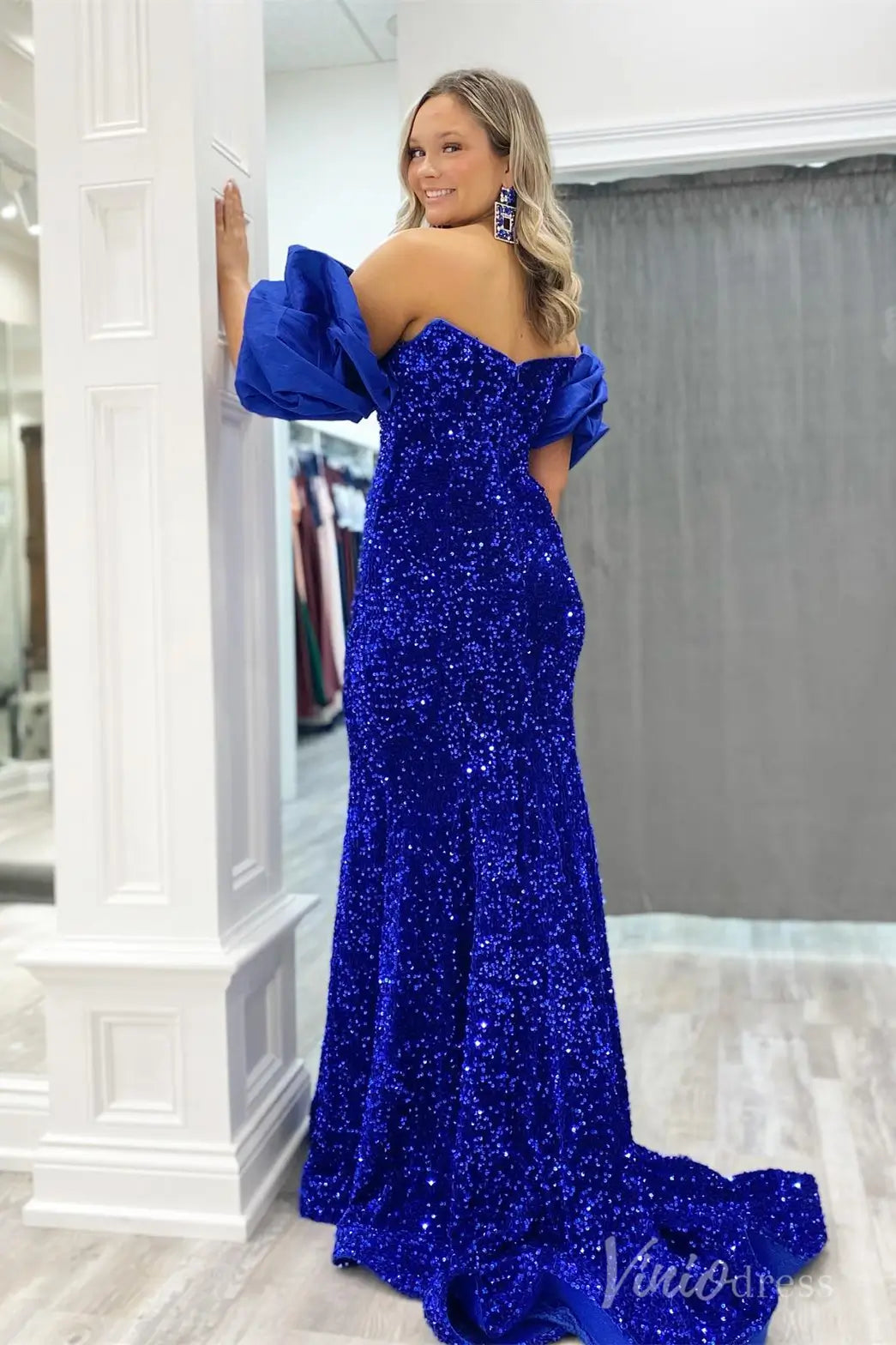 Royal Blue Sequin Mermaid Prom Dress with Sweetheart Neck and Detachable Puff Sleeves – SS056-prom dresses 2025 -Viniodress-Blue-Custom Size-