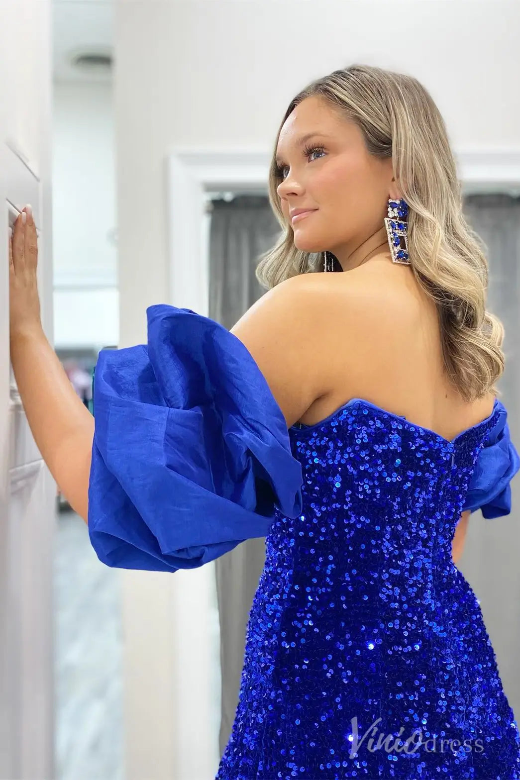 Royal Blue Sequin Mermaid Prom Dress with Sweetheart Neck and Detachable Puff Sleeves – SS056-prom dresses 2025 -Viniodress-Blue-Custom Size-