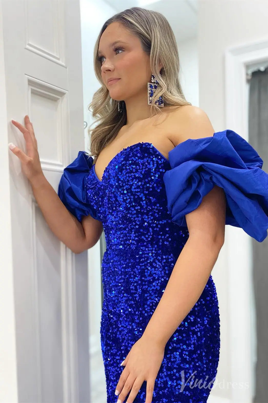 Royal Blue Sequin Mermaid Prom Dress with Sweetheart Neck and Detachable Puff Sleeves – SS056-prom dresses 2025 -Viniodress-Blue-Custom Size-