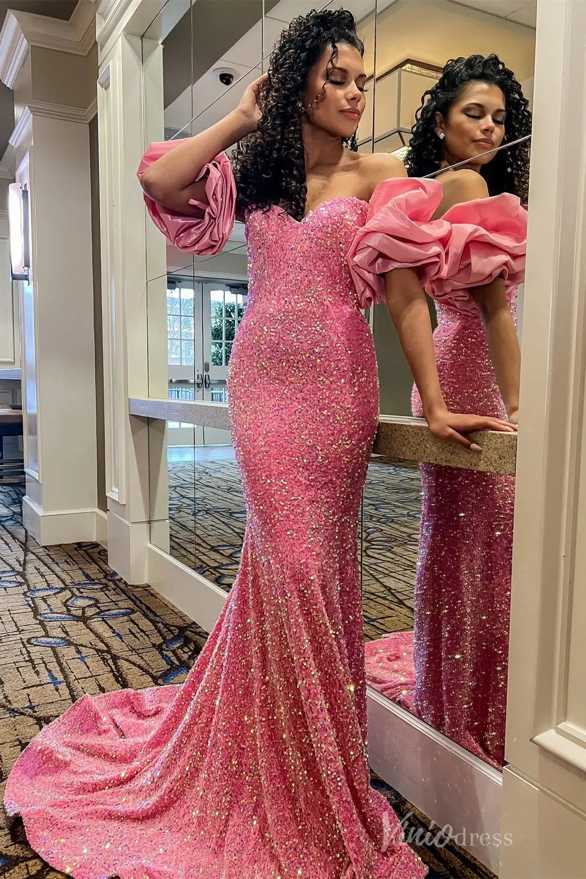 Royal Blue Sequin Mermaid Prom Dress with Sweetheart Neck and Detachable Puff Sleeves – SS056-prom dresses 2025 -Viniodress-Blue-Custom Size-