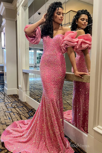 Royal Blue Sequin Mermaid Prom Dress with Sweetheart Neck and Detachable Puff Sleeves – SS056-prom dresses 2025 -Viniodress-Blue-Custom Size-