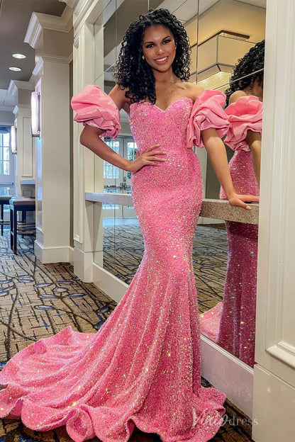 Royal Blue Sequin Mermaid Prom Dress with Sweetheart Neck and Detachable Puff Sleeves – SS056-prom dresses 2025 -Viniodress-Pink-Custom Size-